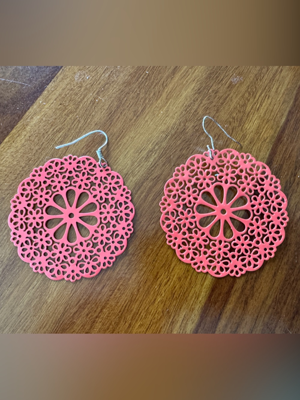 Filigree Floral Round Drop Earrings - Coral Pink